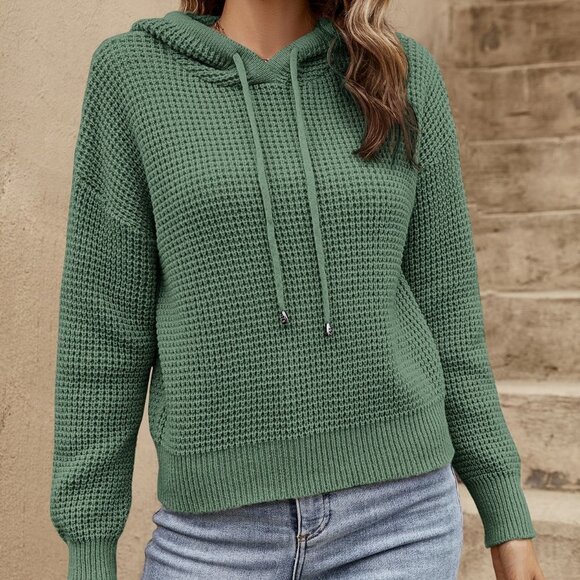 Green Casual Womens Waffle Knit Drop Shoulder Drawstring Hooded Sweater - Picture 4 of 5